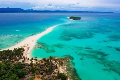 Aerial view of the Nosy Iranja sandbar between two islands, Nosy Be, Madagascar