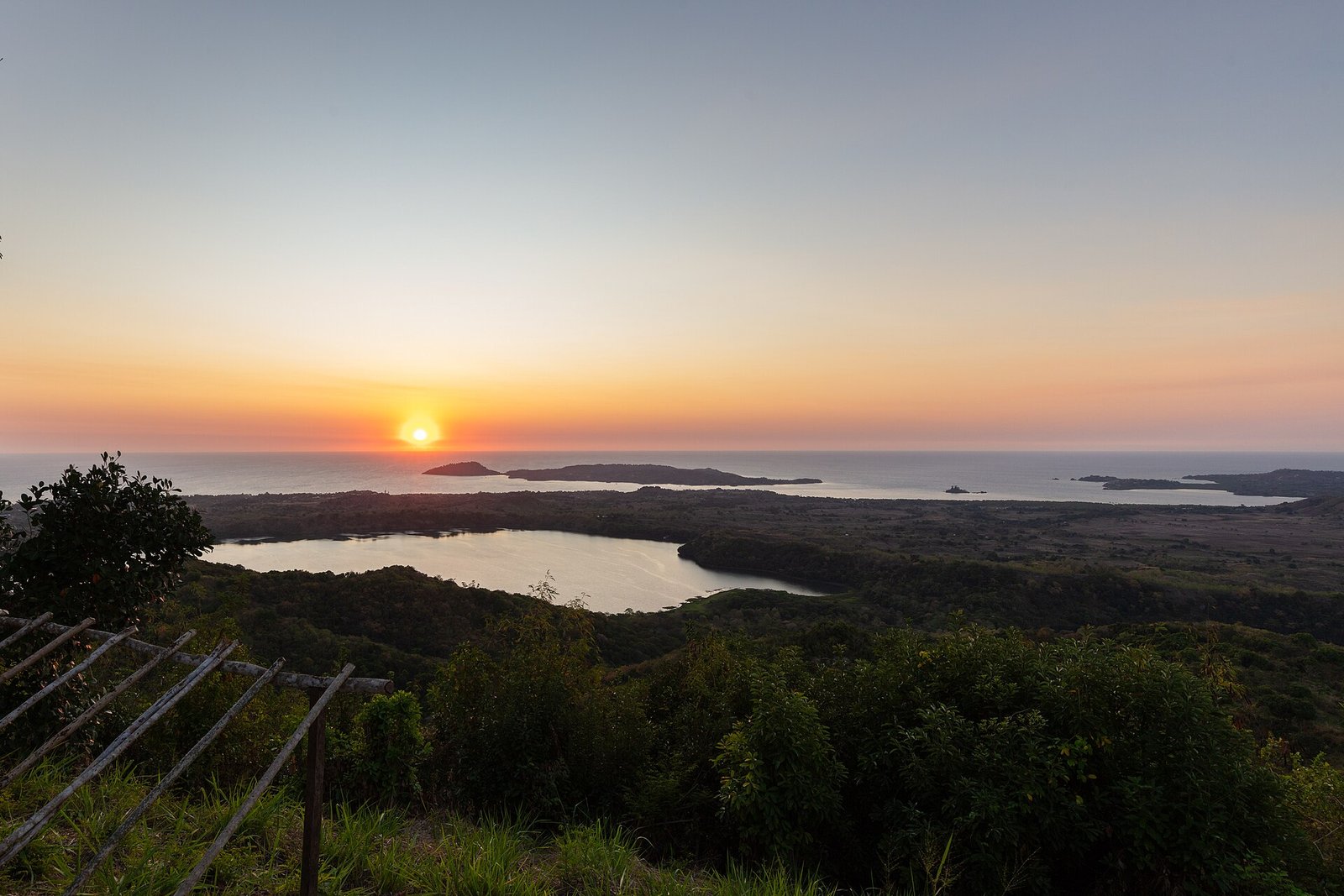 The sun setting over the islands from Mont Passot